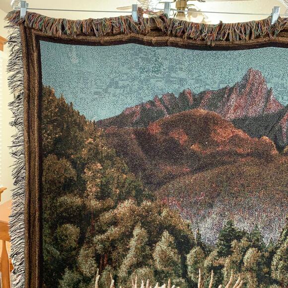 Moose Woven Tapestry Blanket Woods River Rocks Fringed Throw 50 x 68 - Picture 2 of 10